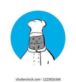Cute cartoon walrus in a white chef costume. Icon. Hand drawn vector illustration isolated on white background, clipart.