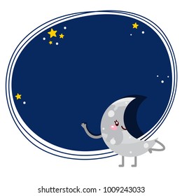 Cute cartoon waning crescent Moon, vector character, Solar system.