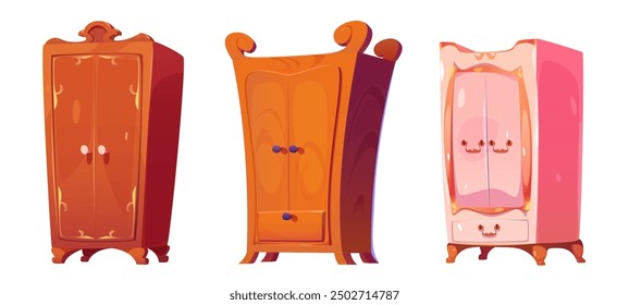 Cute cartoon wardrobe cabinet isolated on white. Vector illustration set of wooden brown and girly pink vintage cupboard for bedroom interior design. Home room furniture for clothing storage.