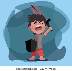 cute cartoon warrior character illustration vector who is hyped in success and facing challenges winning and fighting