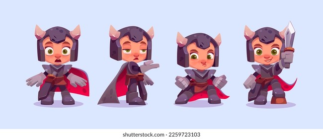 Cute cartoon warrior, viking or knight in helmet with horns and sword. Fantasy medieval guard character, soldier in armor with different emotions, vector illustration