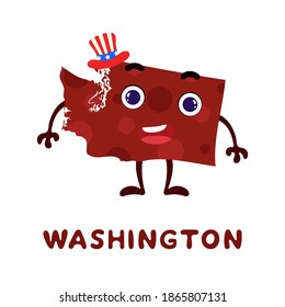 Cute cartoon Washington state character clipart. Illustrated map of state of Washington of USA with state name. Funny character design for kids game, sticker, cards, poster. Vector stock illustration.