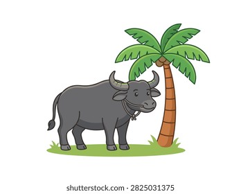 Cute Cartoon Water Buffalo Standing Near a Palm Tree Isolated on White Background