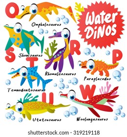 Cute Cartoon Water Dinos ABC: Omphalosaurus, Paraplacodus, Rhomaleosaurus, Shonisaurus, Temnodontosaurus, Utatsusaurus, Woolungasaurus
