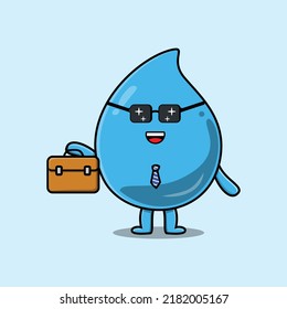 Cute cartoon water drop businessman character holding suitcase illustration