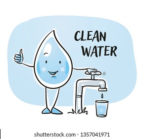 Cute cartoon water drop character at a water tap saying the water is clean and drinkable. For kids and environment lessions. Hand drawn cartoon sketch vector illustration, simple plain coloring. 