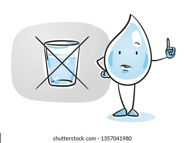 Cute cartoon water drop character warning of non drinkable water. With crossed out glass icon. For kids and fountains. Hand drawn cartoon sketch vector illustration, simple plain coloring. 