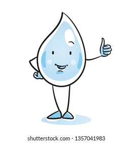 Cute cartoon water drop character with  thumb up. For kids and environment lessions in school. Hand drawn cartoon sketch vector illustration, simple plain coloring. 