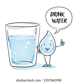 Cute cartoon water drop character with  water glass showing thumb up. Concept for healthy nutrition and drinking mineral water. Hand drawn cartoon sketch vector illustration, simple plain coloring.