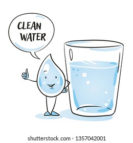 Cute cartoon water drop character with  water glass showing thumb up. Concept for clean and healthy mineral water. Hand drawn cartoon sketch vector illustration, simple plain coloring.