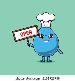 Cute cartoon water drop character holding open sign board designs in concept flat cartoon style
