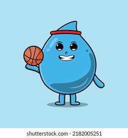 Cute cartoon water drop character playing basketball in flat modern style design