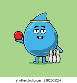 Cute cartoon water drop character playing bowling in flat modern style design