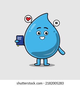 Cute cartoon water drop character holding diary book with happy expression in flat cartoon style