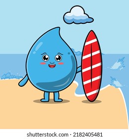 Cute cartoon water drop character playing surfing with surfing board in flat cartoon illustration