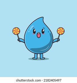 Cute cartoon water drop character holding lollipop candy in flat cartoon style illustration