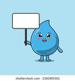 Cute cartoon water drop character holding blank board in vector cartoon style illustration