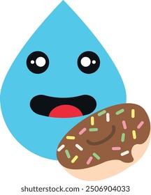 Personaje lindo de la gota de agua de la historieta que sostiene una rosquilla colorida, que simboliza la hidratación y la nutrición, con una expresión feliz.