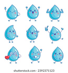 Cute cartoon water drop characters. Kawaii smiley face. Hand drawn style. Vector drawing. Collection of design elements.