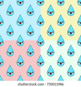 Cute Cartoon water drop characters Seamless Pattern on color background. Flat design Vector Illustration EPS set