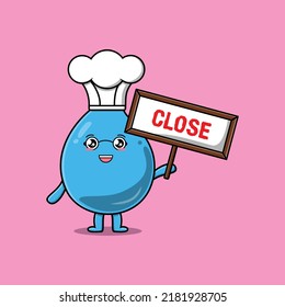 Cute cartoon water drop chef character holding close sign board designs in flat cartoon style