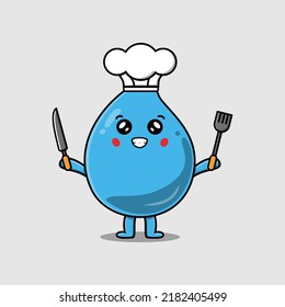 Cute cartoon water drop chef character holding knife and fork in flat cartoon illustration