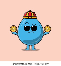 Cute cartoon water drop chinese character holding coin in vector icon illustration