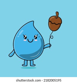 Cute cartoon water drop floating with acorn balloon cartoon vector illustration