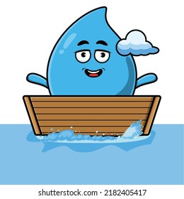cute cartoon water drop get on boat in vector character illustration