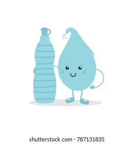 Cute cartoon water drop hugging bottle of water, concept of drink and hydration for healthy and happy life.