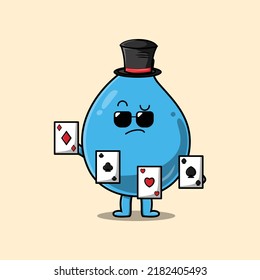 Cute cartoon water drop magician character playing magic cards in flat cartoon style illustration