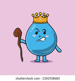 Cute Cartoon Water Drop Mascot As Wise King With Golden Crown And Wooden Stick