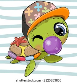 Cute Cartoon water turtle with bubblegum on the stripes background