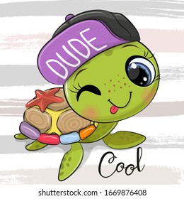 Cute Cartoon water turtle in a cap on the stripes background