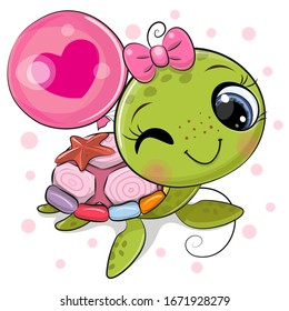 Cute Cartoon water turtle girl with a balloon on a white background