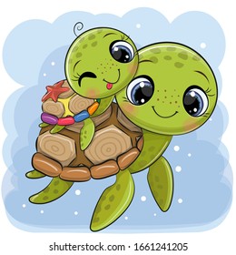 Cute Cartoon water turtles father and son on a blue background