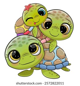 Cute Cartoon water turtles father mother and child on a white background