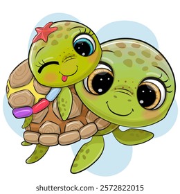 Cute Cartoon water turtles mother and child on a blue background