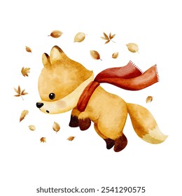 Cute cartoon watercolor forest animal. Hand painted winter fox jumping up with fall leaves illustrations perfect for print and card making vector