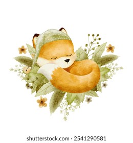 Cute cartoon watercolor forest animal. Hand painted sleeping fox on fall leaves illustrations perfect for print and card making vector