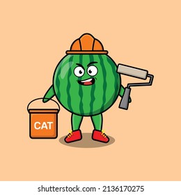 Cute cartoon watermelon as a builder character painting in 3d modern style design