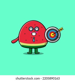 Cute cartoon watermelon businessman holding target and arrow with happy expression