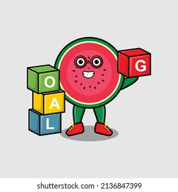 Cute cartoon watermelon businessman stacking goal box in 3d modern style design