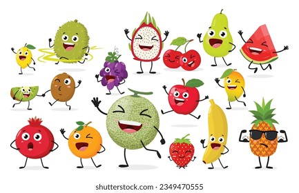 Cuta caricatura sandía, cantaloupe, manzana, cereza, naranja, fresa, uva, kiwi frutal, banana, mango, pera, granada, piña y limón