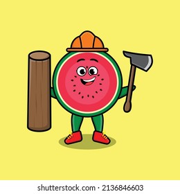 Cute cartoon watermelon as carpenter character with ax and wood in 3d modern style design