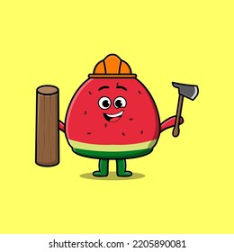 Cute Cartoon Watermelon As Carpenter Character With Ax And Wood In Flat Modern Style