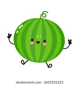 Cute cartoon watermelon character with arms and legs, smiling and giving a peace sign, perfect for kids content.