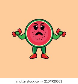Cute cartoon watermelon character is fitness with barbell in modern style design