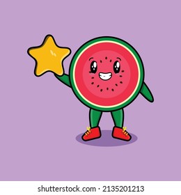 Cute cartoon watermelon character holding big red heart in modern style design