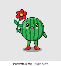 Cute cartoon watermelon character holding red flower in concept 3d cartoon style